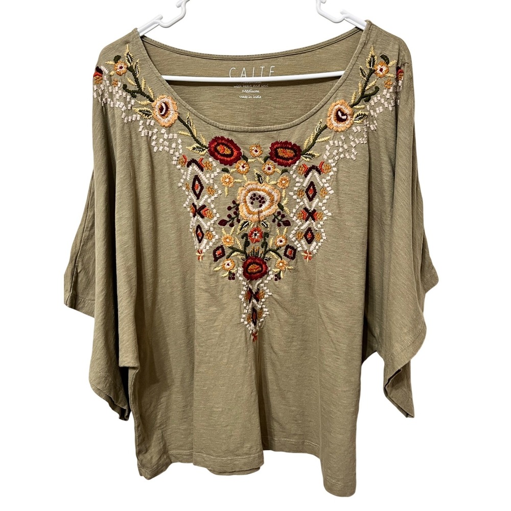 Caite Olive Green Embroidered Boho Slub Cotton Top Womens Medium Kimono Sleeve